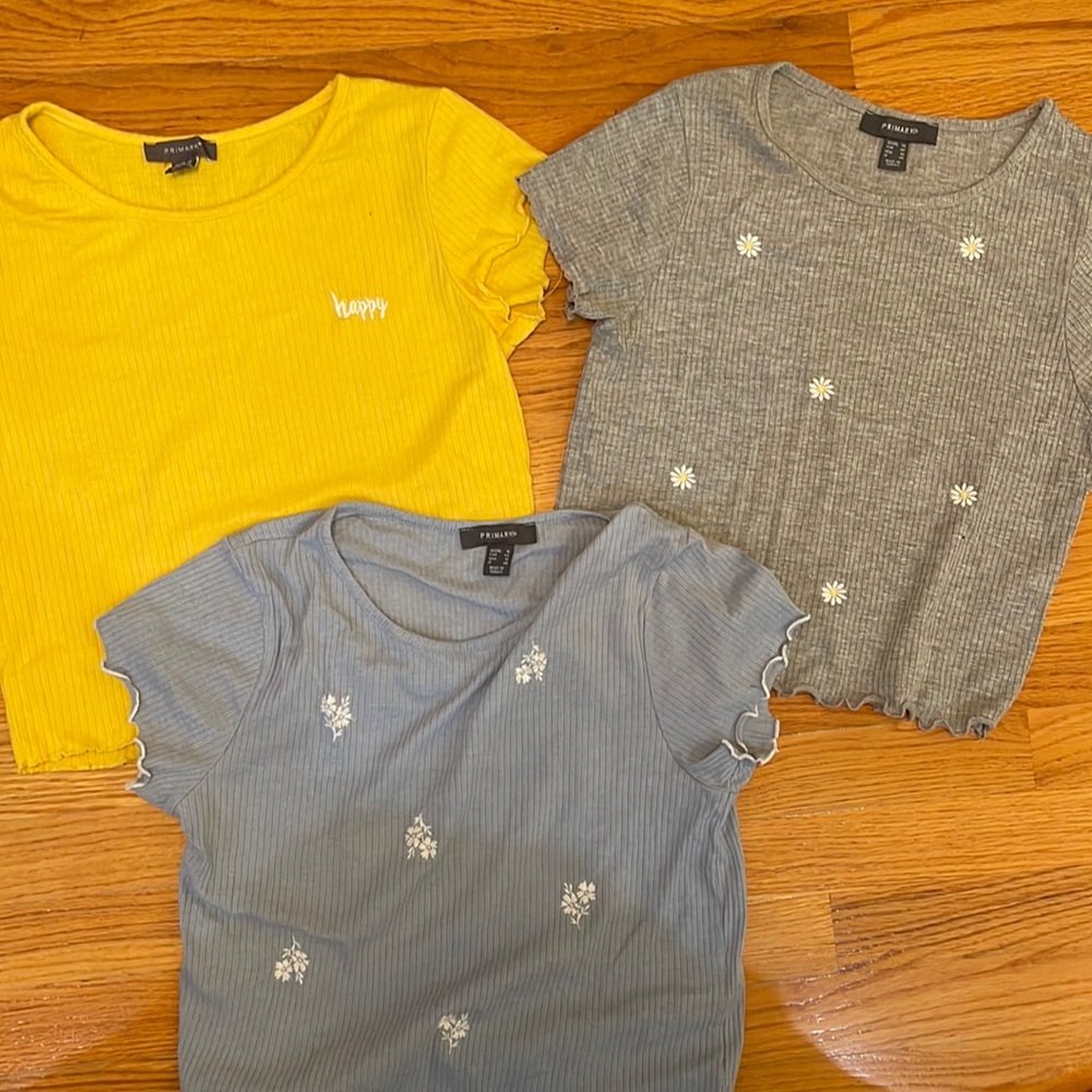 BUNDLE - THREE Primark Women's Colorful Various Print Baby Tee Shirts Crop Tops
